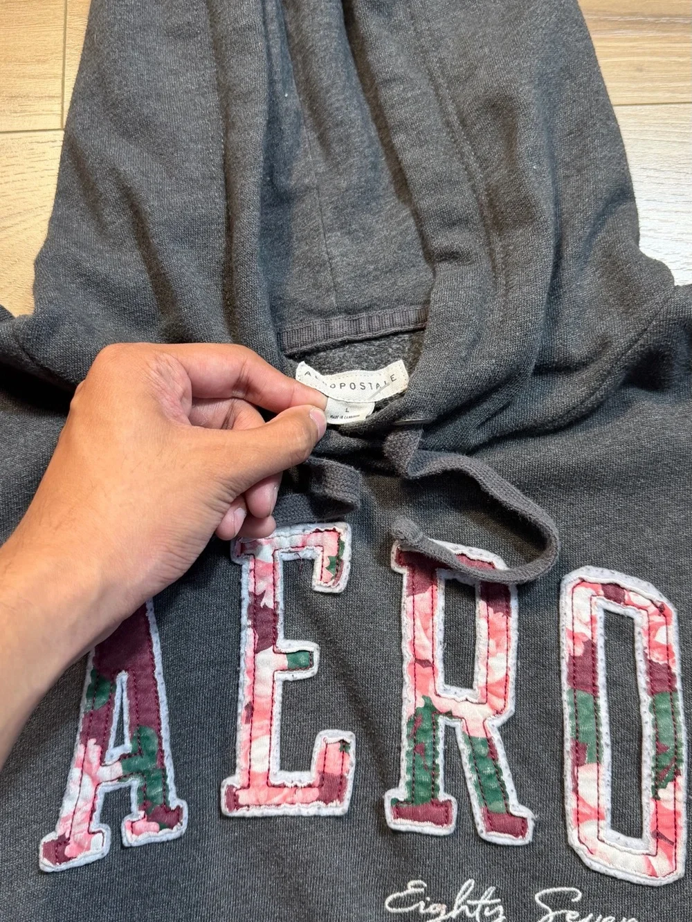 Aeropostale Dark Grey Crewneck Hoodie with Floral 'AERO' Logo